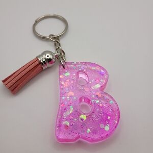 Sparkly Neon Fluorescent Pink Resin Letter "B" Keychain Y2K Tassel Initial